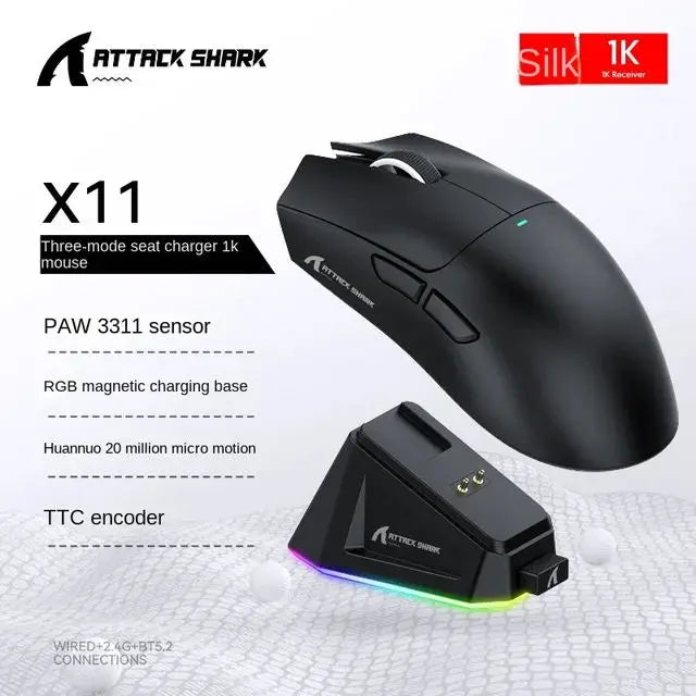 Attack Shark X11 Wireless Mouse,Bluetooth/2.4G/wired Tri-Mode Mouse ,PAW3311 RGB Magnetic charging dock Gaming Mouse